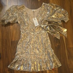 LoveShackFancy Metallic Gold Crushed Velvet Mini Dress